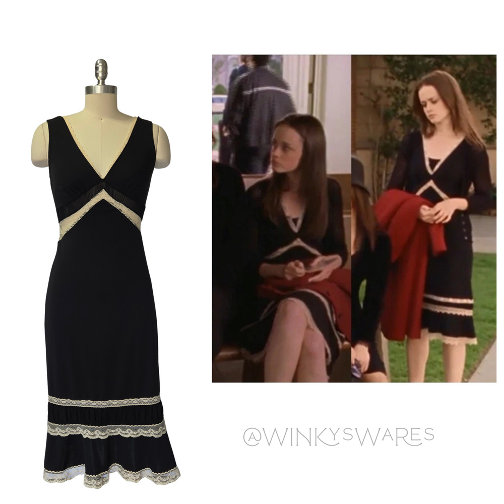 ASO Gilmore Girls Black Slip Midi Dress Size 1/2 XS Cream Lace Rory Y2K